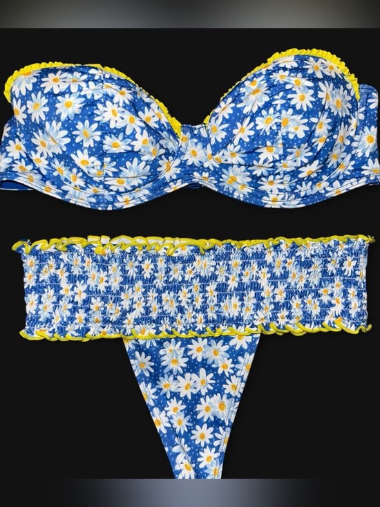Frankie's Bikinis Other - Frankies Bikinis blue with white daisies and yellow small bottoms, medium top